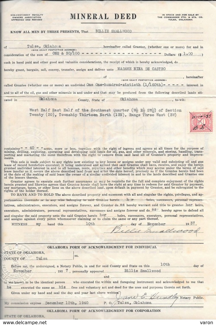 ACTE DE CONCESSION D'UNE MINE à TULSA (OKLAHOMA) 1937 "MINERAL DEED"- Petrole, Gaz, Et Autres Minerais-timbre Fiscal - Etats-Unis
