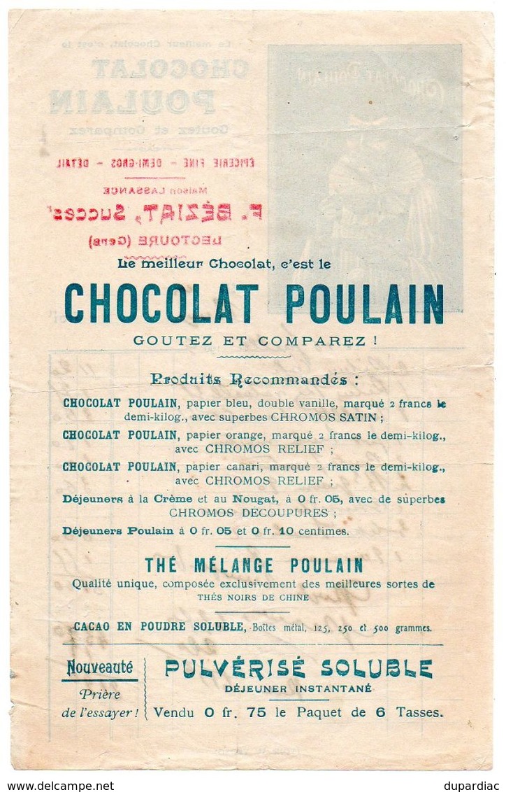 Gers / Facture Illustrée, Publicité CHOCOLAT POULAIN, Epicerie F. BEZIAT à LECTOURE, 1909, Successeur Maison LASSANCE. - Alimentaire