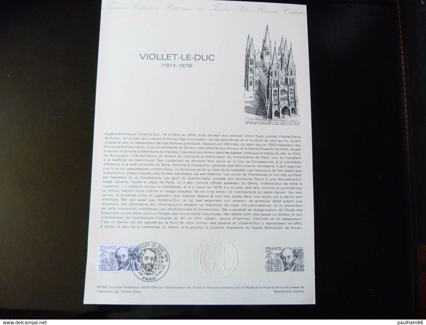 COLLECTION HISTORIQUE DU TIMBRE POSTE FRANCAIS  1980  -   VIOLLET LE DUC - Documents Of Postal Services