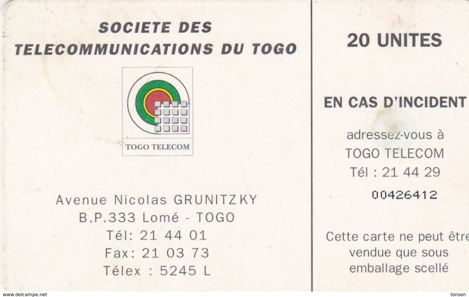 Togo, TOG-0020, 100 Units, Earth Station 20, 2 Scans    CN : 8 Digits - Togo