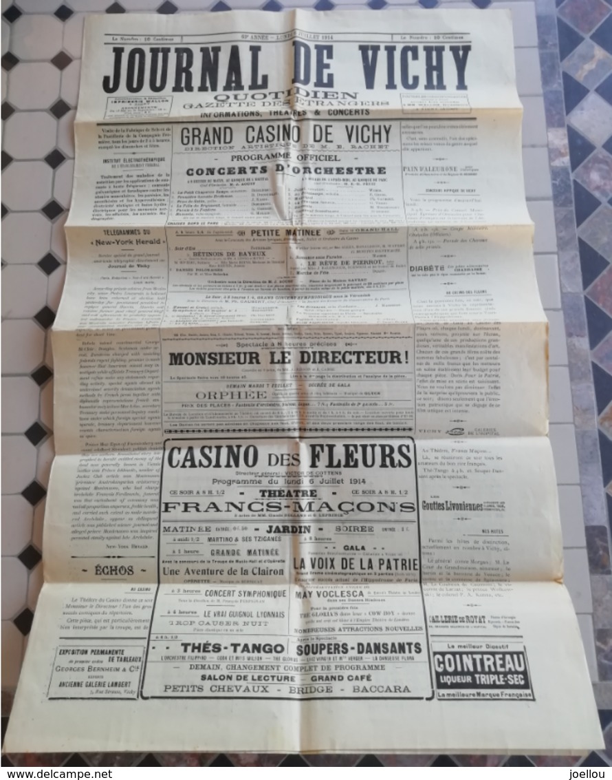 Rare JOURNAL De VICHY 06.07.1914 Quotidien Gazette Des Etrangers Casino Des Fleurs Pièce Théatre" Francs-Maçons " - Autres & Non Classés