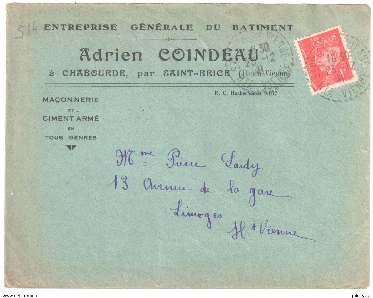 St BRICE Sur VIENNE Lettre Entête Entrepise Bâtiment COINDEAU 1F Pétain Yv 514 Ob 1941 Cercle Tirets B4 Distribution - Lettres & Documents