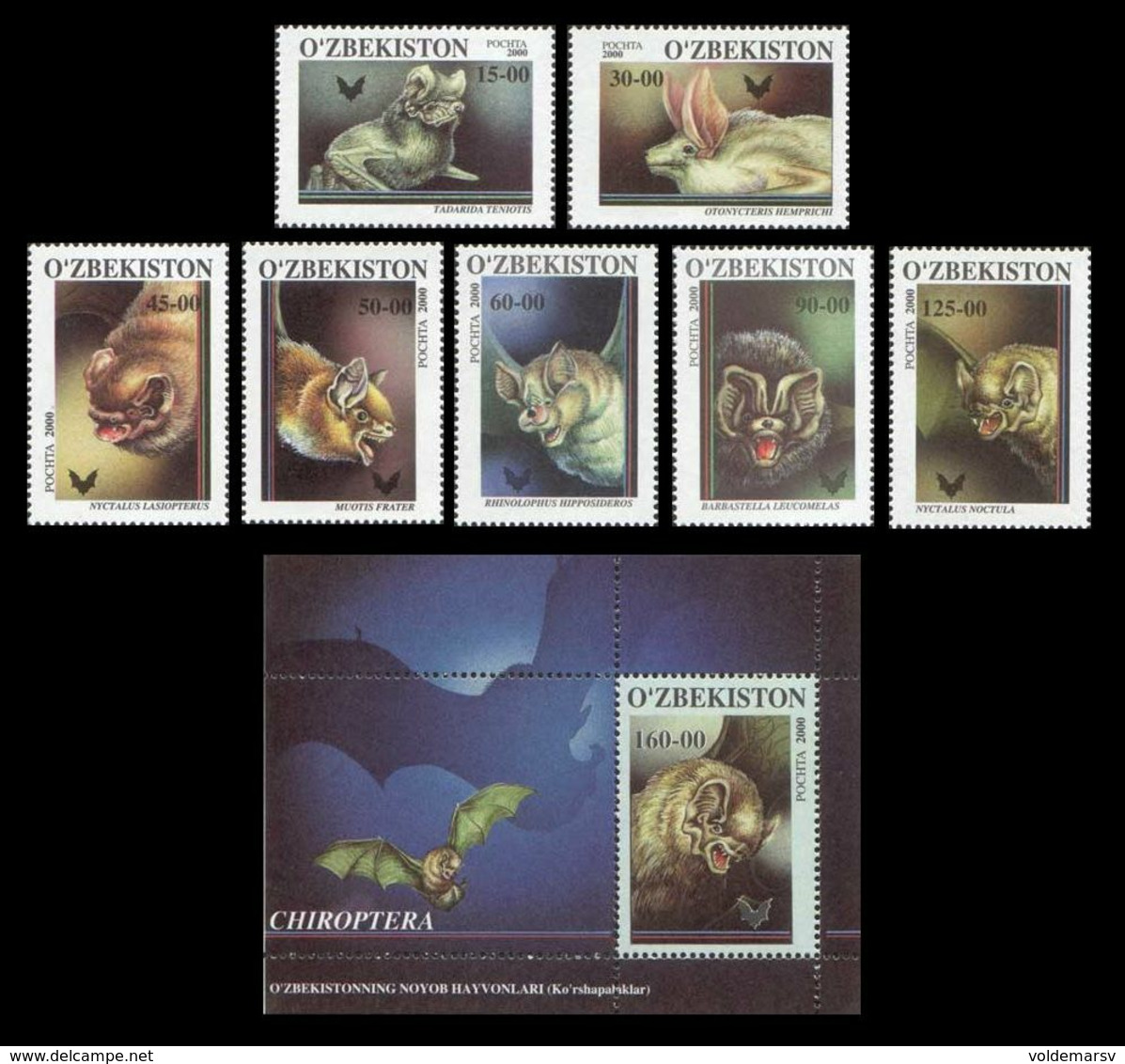 Uzbekistan 2001 Mih. 266/72 + 273 (Bl.26) Fauna. Bats MNH ** - Ouzbékistan