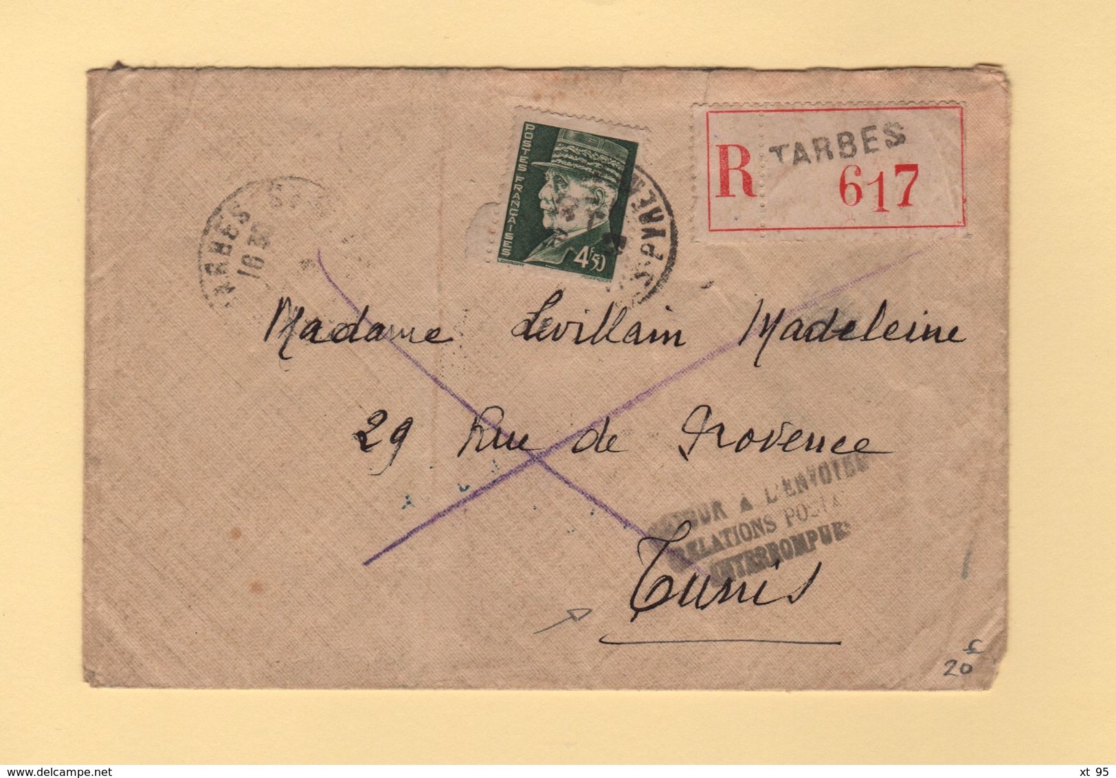 Destination Tunis - Tarbes - Recommandes - Relations Postale Suspendues - 1942 - Guerre De 1939-45