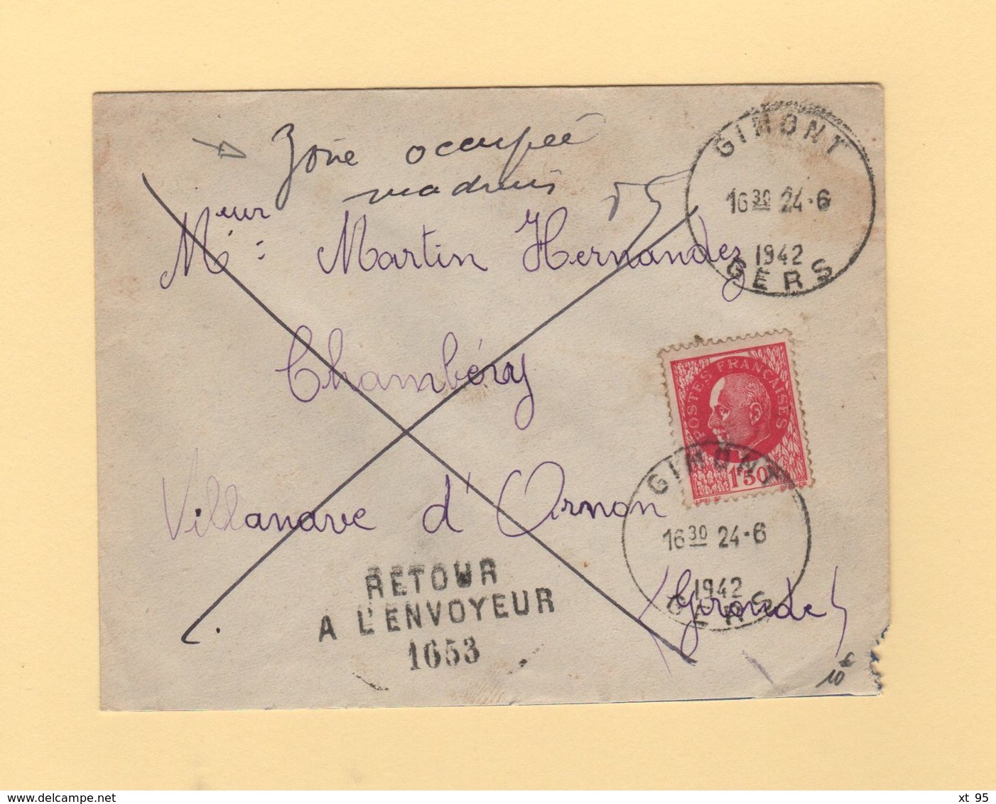 Zone Occupee Inadmis - Retour A L Envoyeur - Gimont - Gers - 1942 - WW II