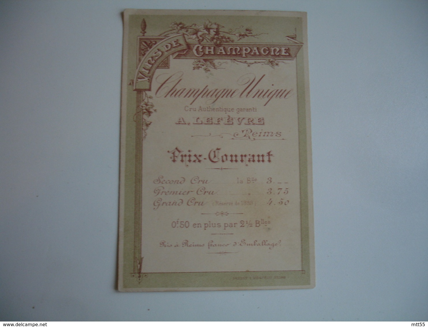 Champagne Lefevre Reims  Ancien Tarif Carte Commerciale - 1900 – 1949