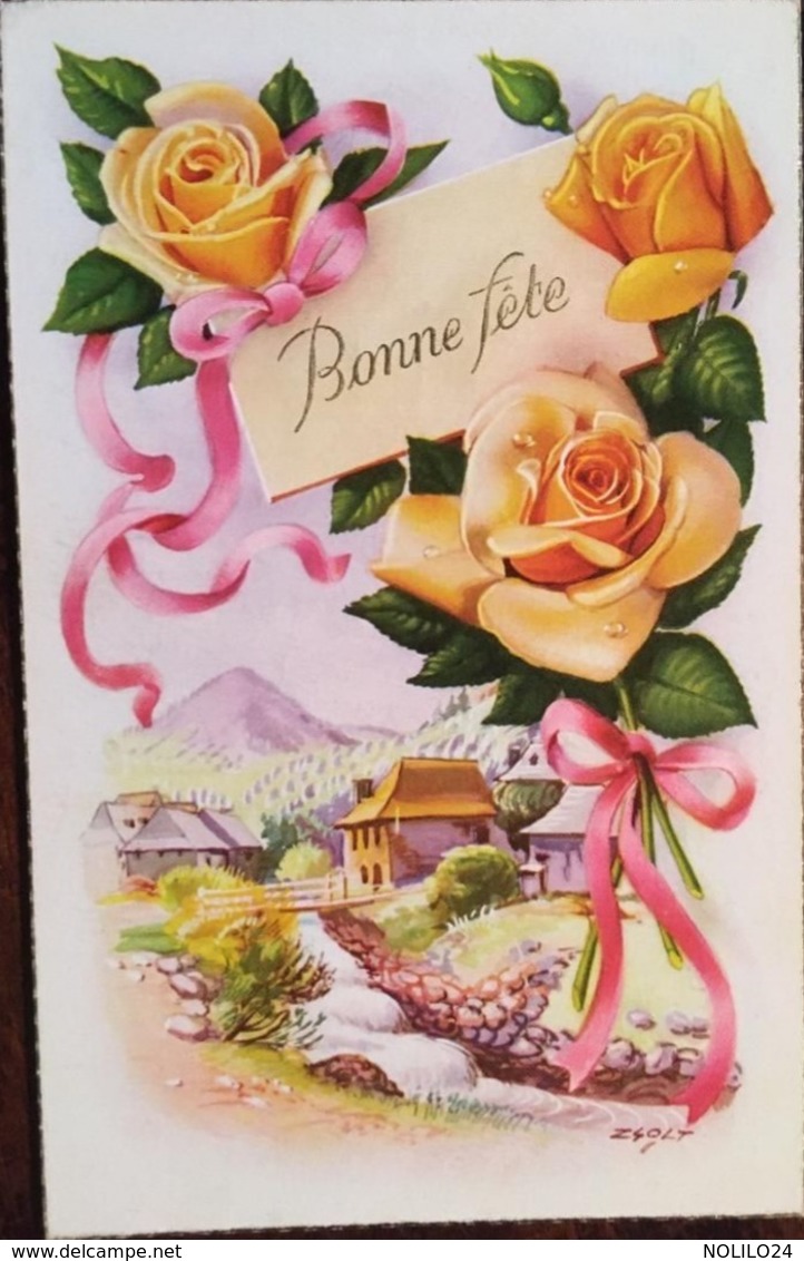 Cp De 1961,Illustrateur, Signée, ZSOLT, Bonne Fête, éd MD Paris-3670, Paysage, Pont, Ruisseau, Village Orné De Roses - Zsolt