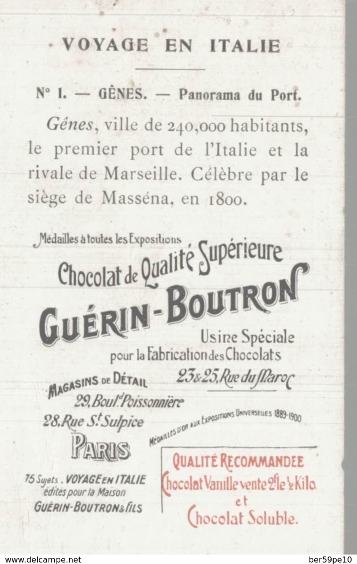 CHROMO  CHOCOLAT GUERIN-BOUTRON  VOYAGE EN ITALIE  GENES  PANORAMA DU PORT - Duroyon & Ramette