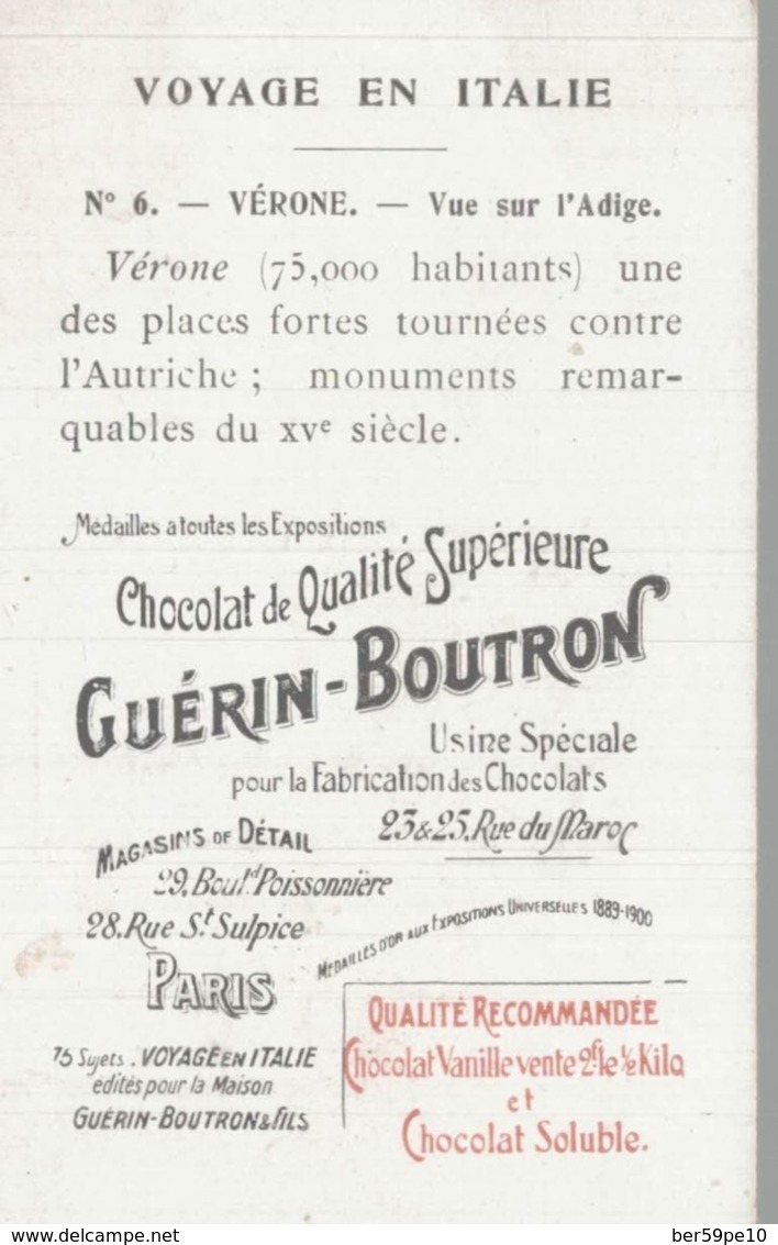 CHROMO  CHOCOLAT GUERIN-BOUTRON  VOYAGE EN ITALIE  VERONE VUE SUR L'ADIGE - Duroyon & Ramette