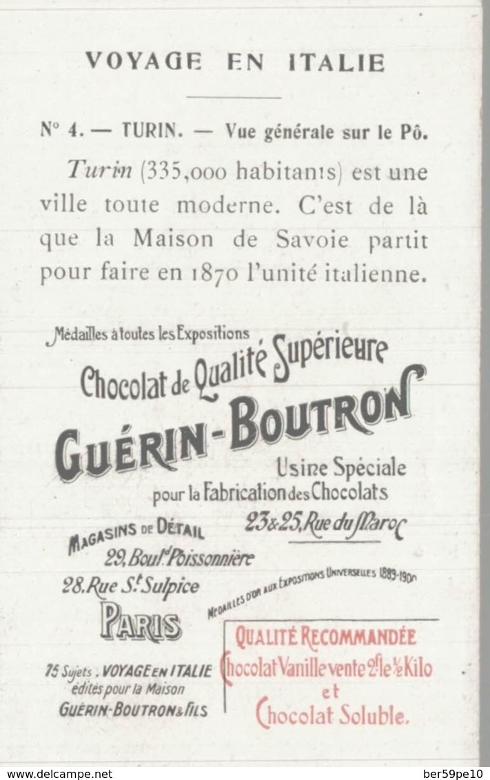 CHROMO  CHOCOLAT GUERIN-BOUTRON  VOYAGE EN ITALIE  TURIN  VUE GENERALE SUR LE PO - Duroyon & Ramette