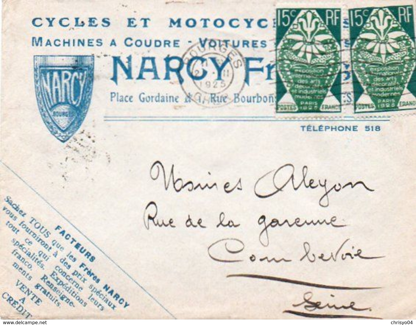 V7S  Enveloppe Timbrée Exposition Paris 1925 Courrier Lettre 18 Bourges Cycles Motos Autos Tacot Narcy Vente à Crédit - 1921-1960: Période Moderne