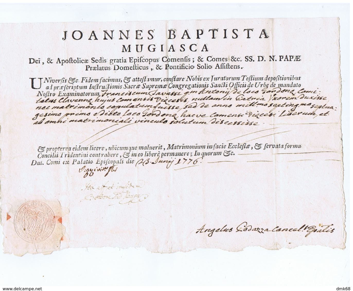 COMO - BOLLA VESCOVILE - VESCOVO / BISHOP - GIOVANNI BATTISTA MUGIASCA - ANNO 1776 - Other & Unclassified