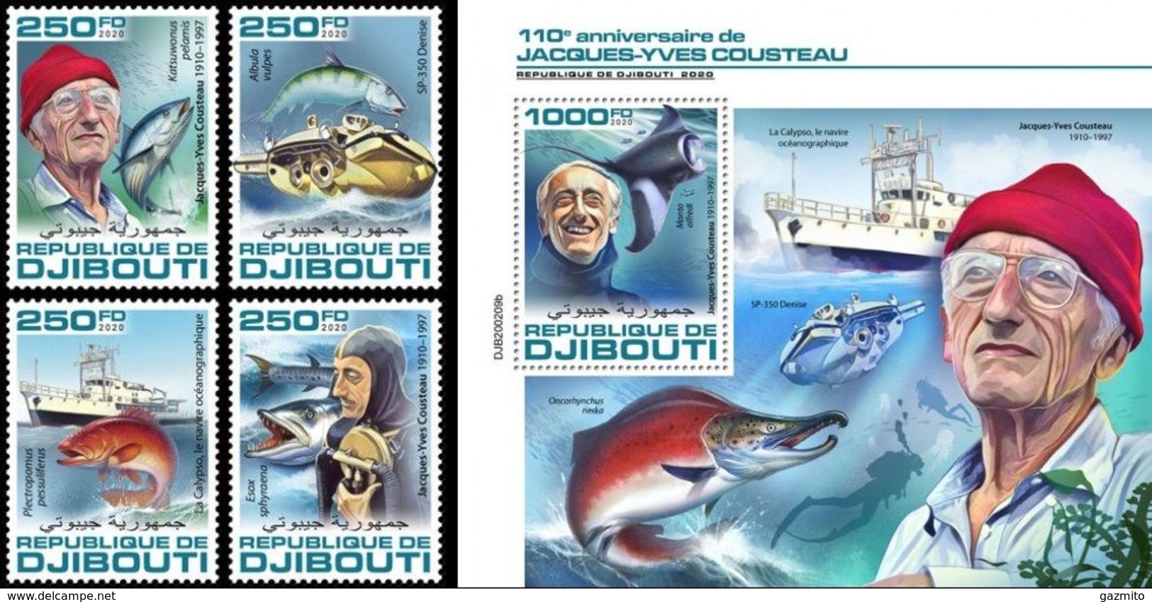 Djibouti 2020, J. Cousteau, Fish, Boat, 4val +BF - Duiken
