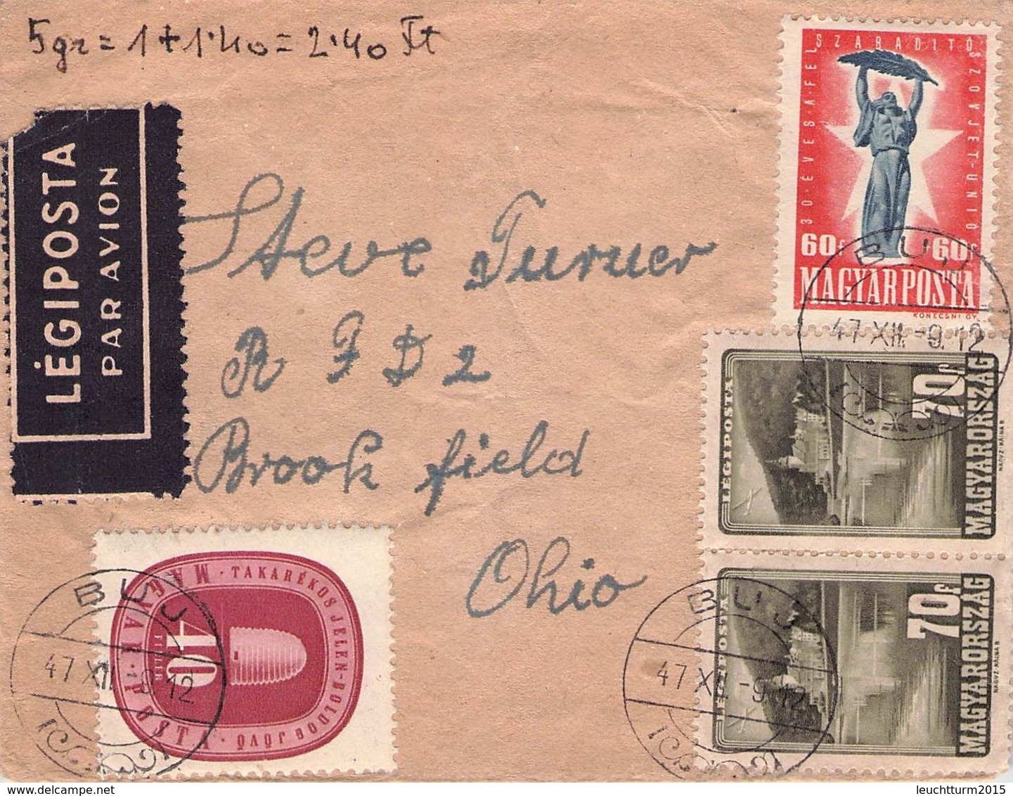 HUNGARY - AIRMAIL 1947 BUJ - BROOKFIELD/OHIO /T246 - Covers & Documents