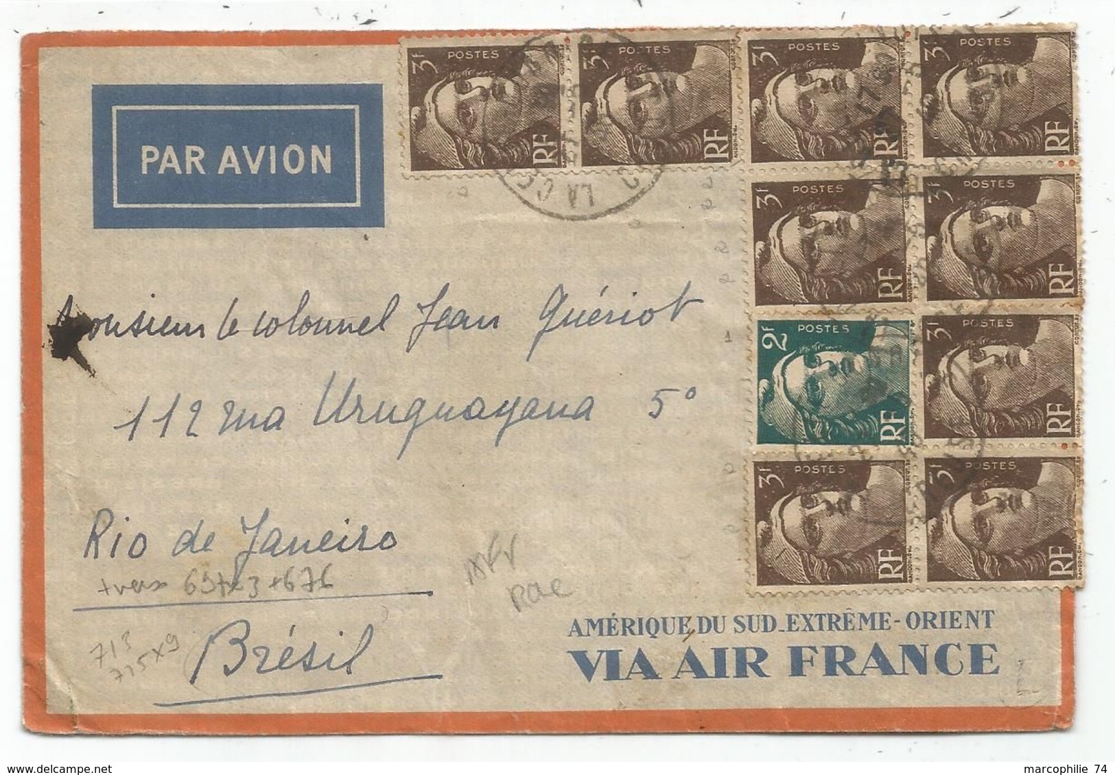 GANDON 3FR BRUN X9+2FR+DULAC 5FRX3+1FR MAZELIN AU VERSO LETTRE AVION LA CELLE CREUSE 27.5.1946 POUR LE BRESIL AU TARIF - 1945-54 Maríanne De Gandon