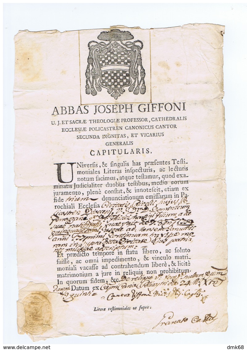 POLICASTRO - BOLLA AUTOGRAFA DEL VICARIO GENERALE GIUSEPPE GIFFONI - ANNO 1760 - Other & Unclassified