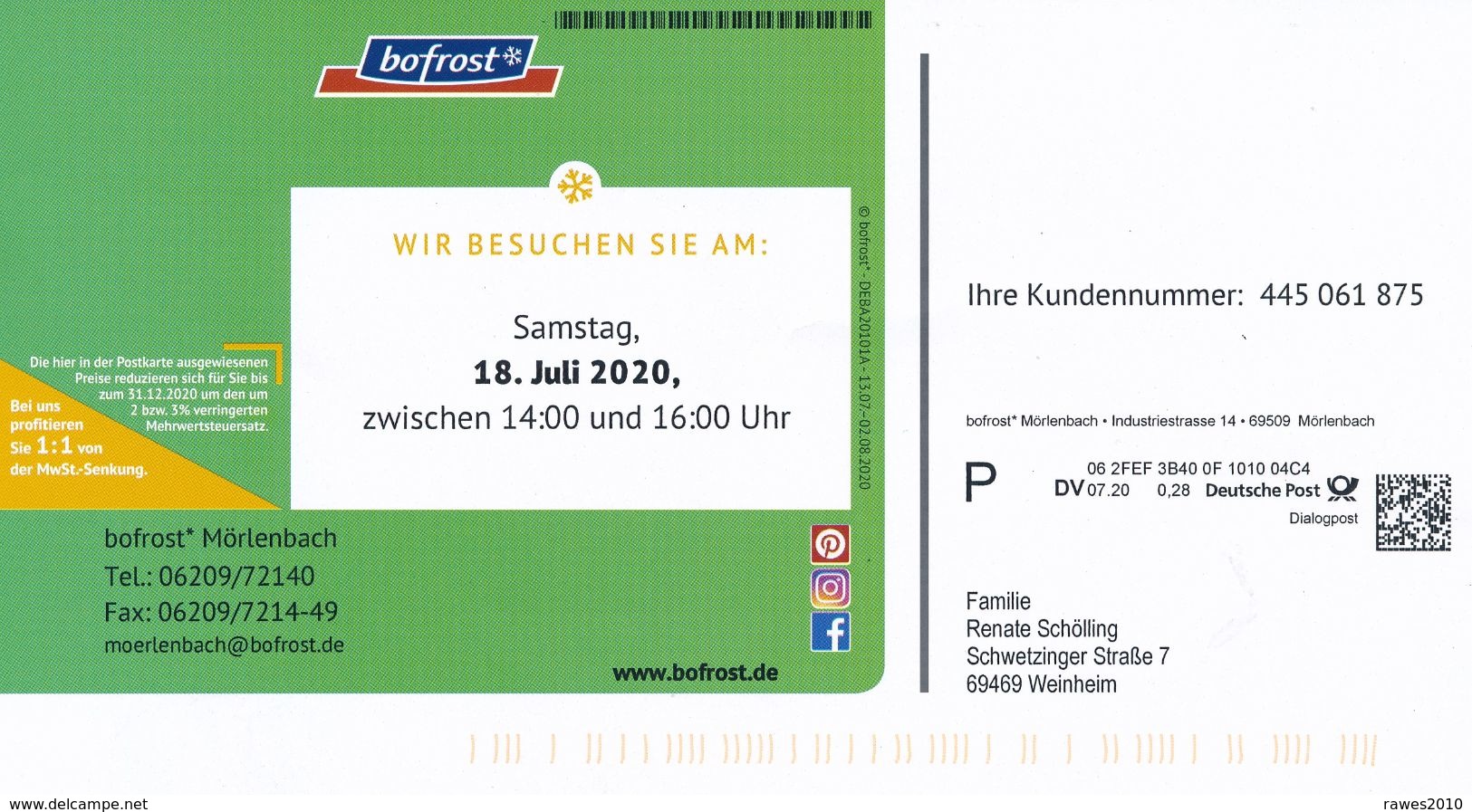 BRD / Bund Mörlenbach Dialogpost DV 07.20 0,28 Euro 2020 Bofrost Gefrierprodukte Kuchen Eis Fisch - Lettres & Documents