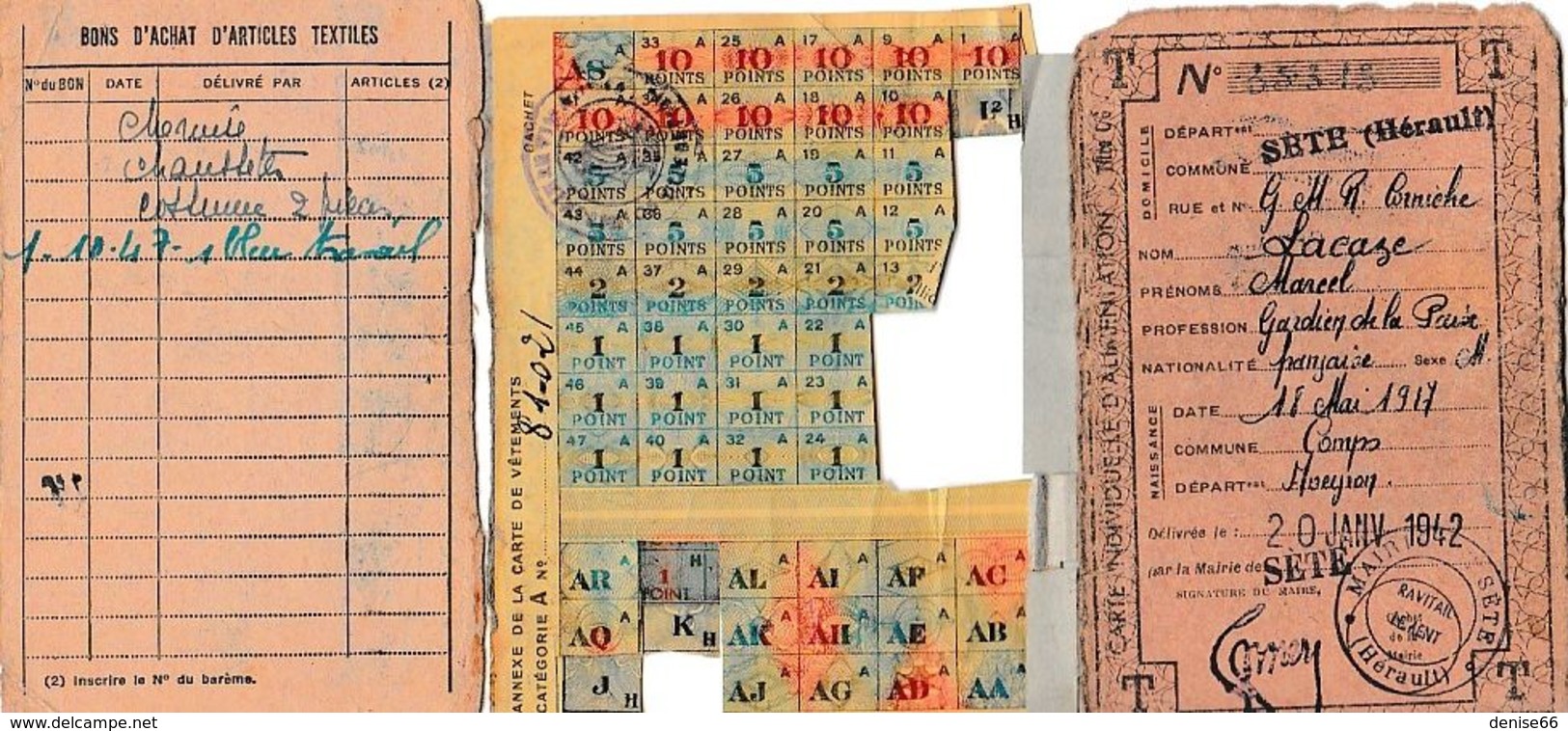 1944 RESTRICTIONS - SETE - Carte D'Alimentation Et De Textiles Pour Marcel LACAZE, Gardien De La Paix - Nombreux Tickets - Documents Historiques