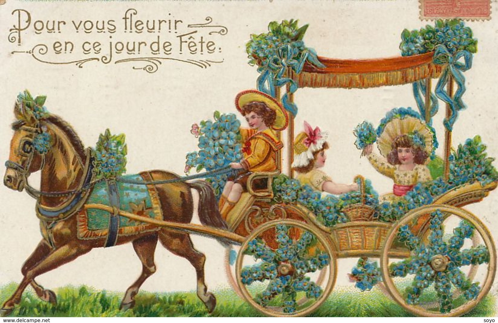 Tres Belle Carte Gaufrée Enfants En Calèche . Embossed Horse Cart With Girls - Taxis & Droschken