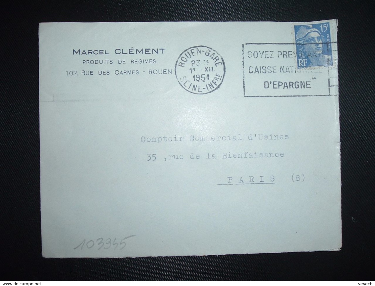 LETTRE TP M. DE GANDON 15F OBL.MEC.11 XII 1951 ROUEN GARE (76) MARCEL CLEMENT PRODUITS DE REGIMES - Otros & Sin Clasificación