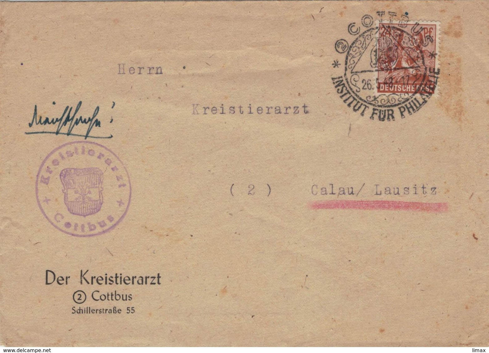 Kreistierarzt Cottbus 1948 Institut Für Philatelie - Dienstsache Nach Calau - Other & Unclassified