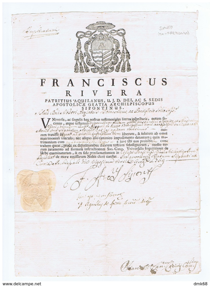 MANFREDONIA - BOLLA AUTOGRAFA / AUTOGRAPH DEL VESCOVO / BISHOP FRANCESCO RIVERA  - ANNO 1759 - Other & Unclassified