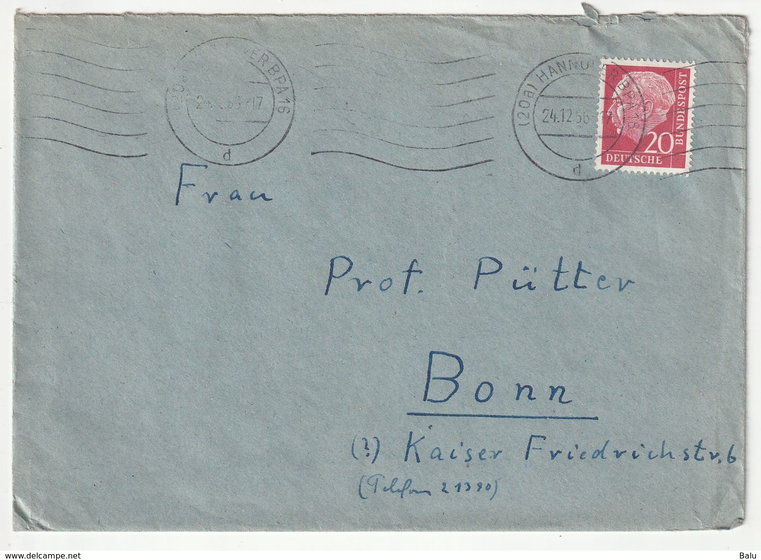 Bund EF Michel Nr. 185 X, Hannover BPA 16, 24.12.56 Nach Bonn, 3 Scans - Covers & Documents