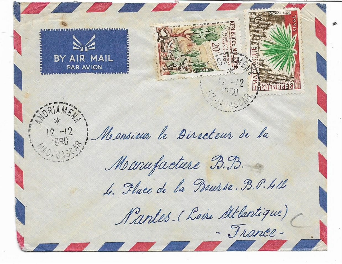 Cachet Andriamena 12.12.1960   MADAGASCAR  Lettre Vers La FRANCE -NANTES Par Avion  -2 TIMBRES - Lettres & Documents