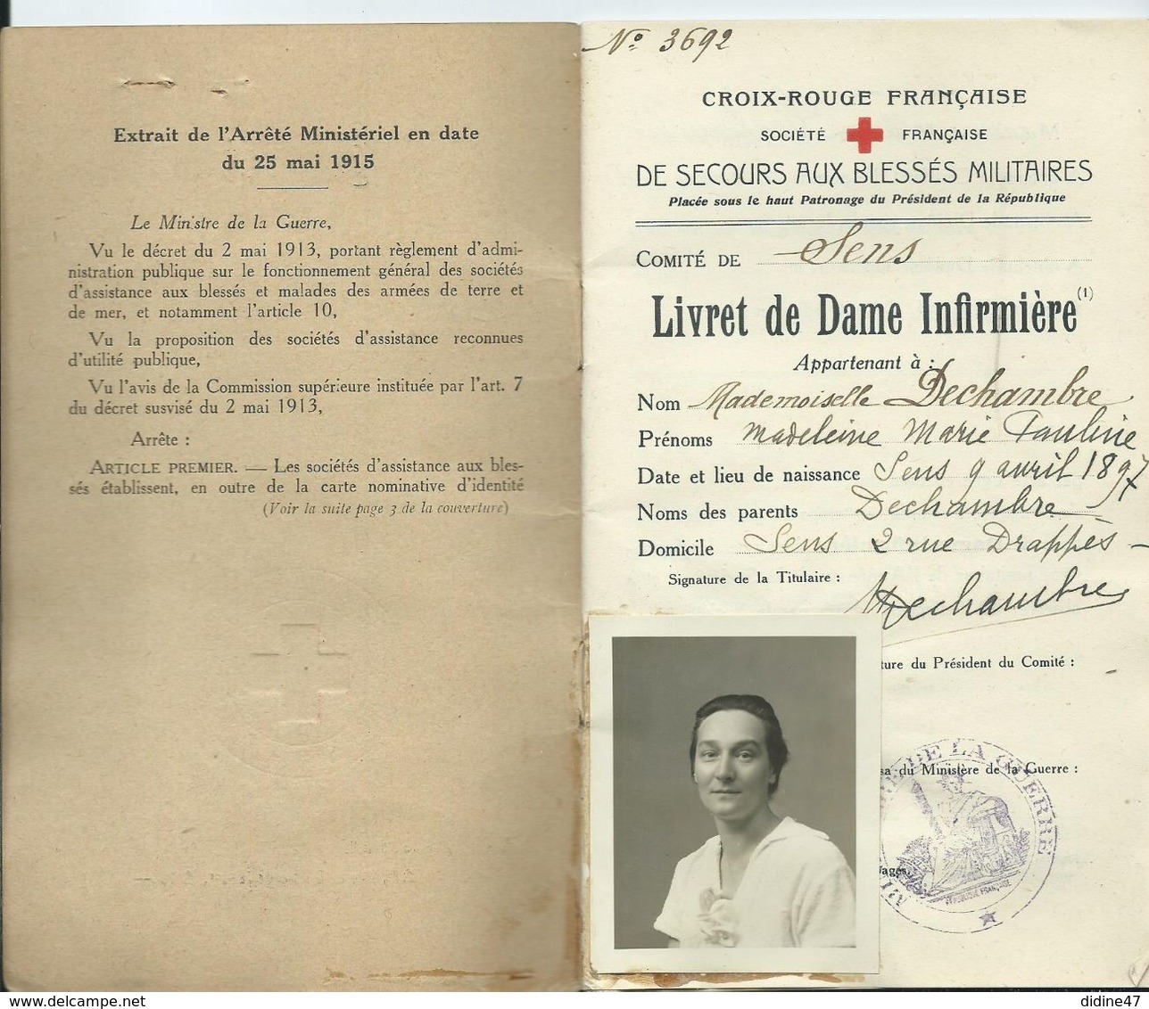 LIVRET DE DAME INFIRMIERE - Historical Documents