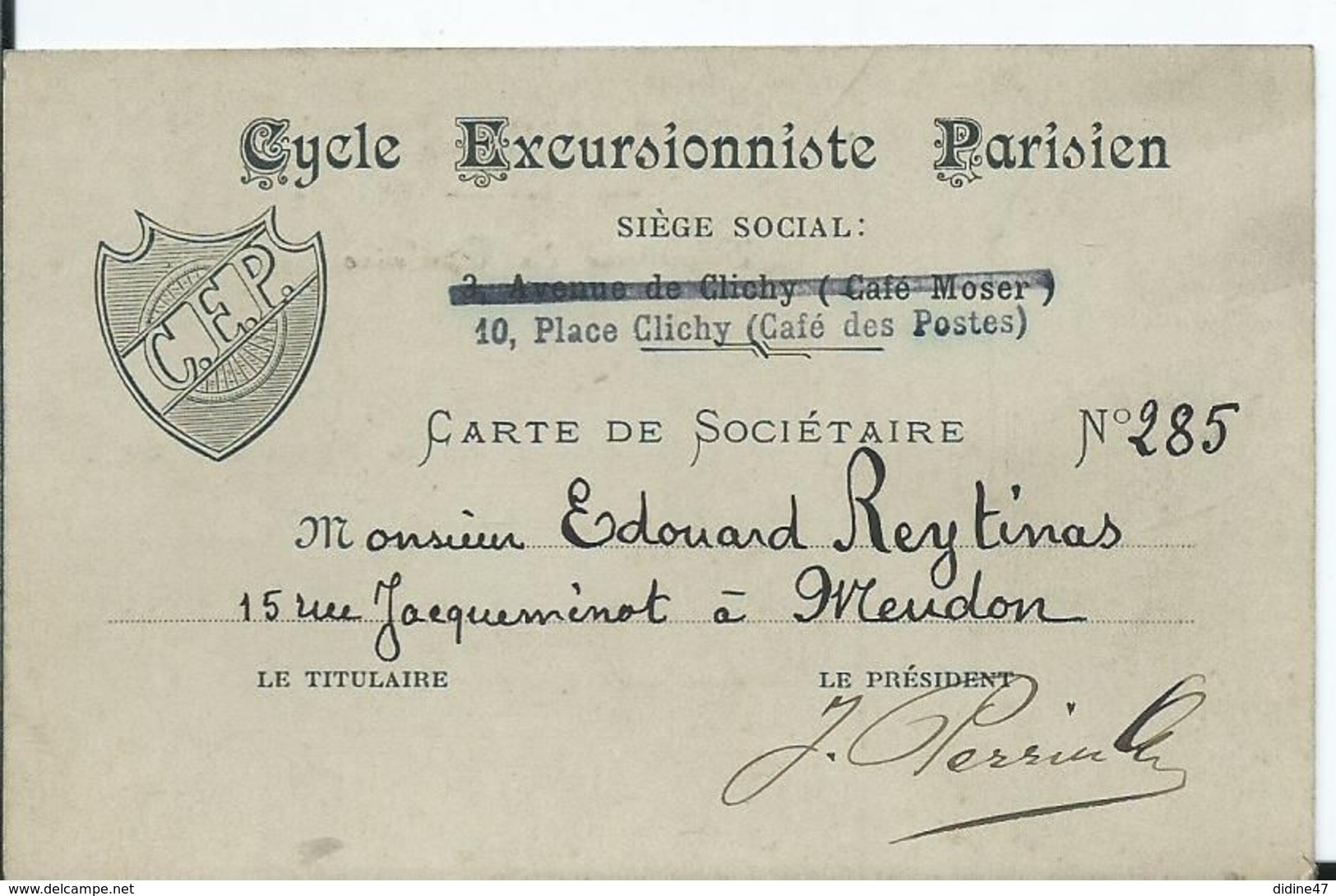 CARTE DE SOCIETAIRE CYCLE EXCURSIONNISTE PARISIEN - Documents Historiques