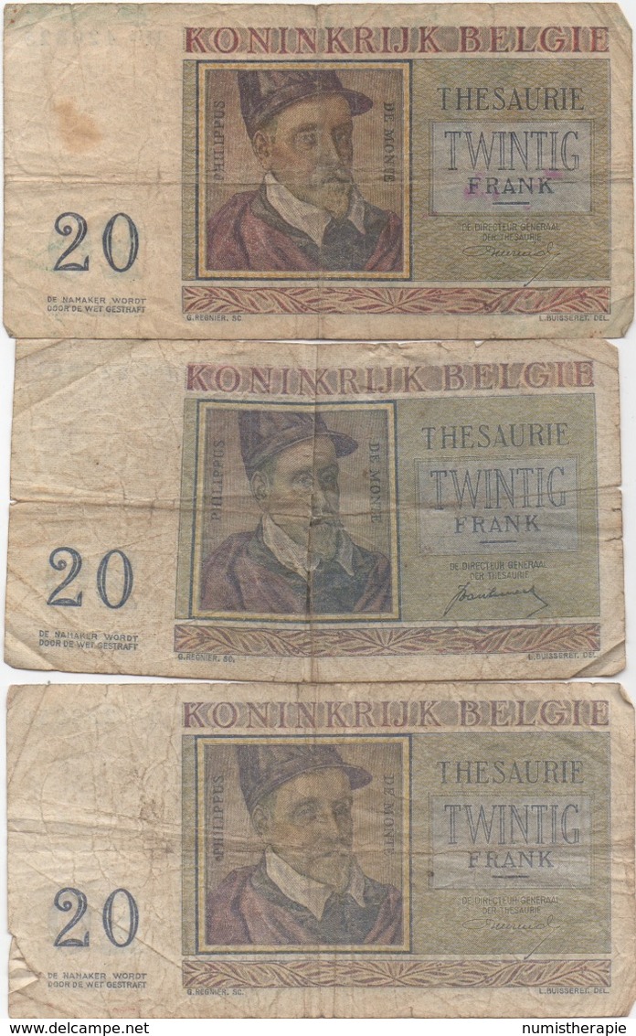 Belgique België : Lot De 3 Billets Mauvais état : 20 Francs 1950-1956 - Otros & Sin Clasificación