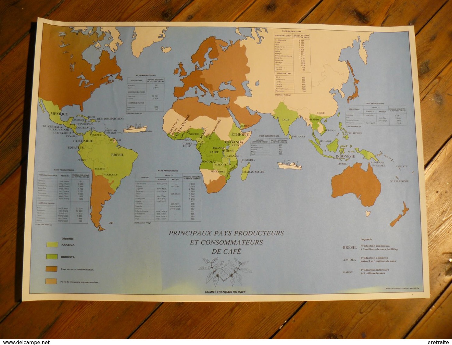 Carte Géographique. Principaux Pays Et Consomateurs De Café. 67.5 X 58 Cm. Comité Français De Café. Imp: Marie Lise Ques - Landkarten