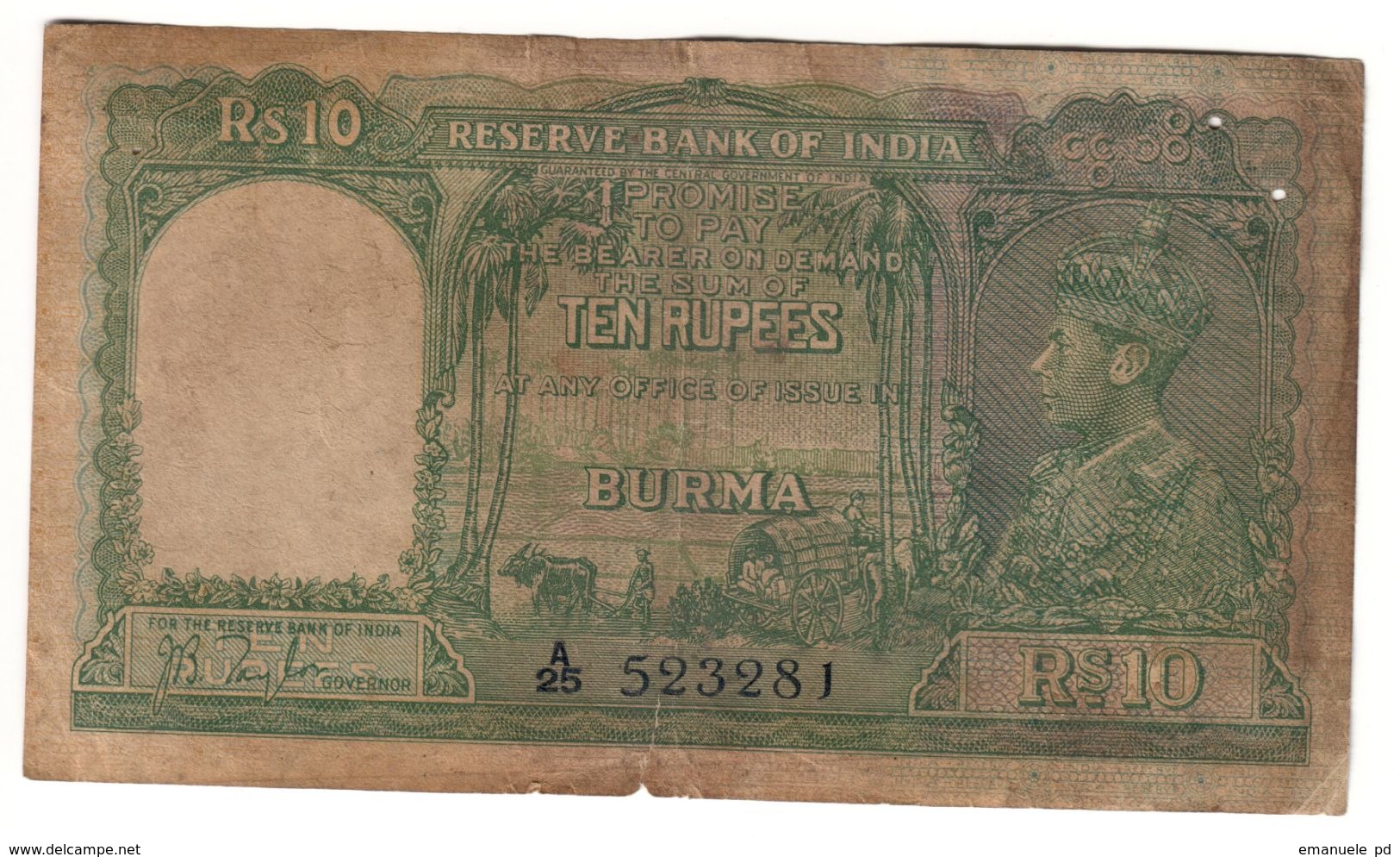 Burma 10 Rupees 1938 .J2. - Myanmar