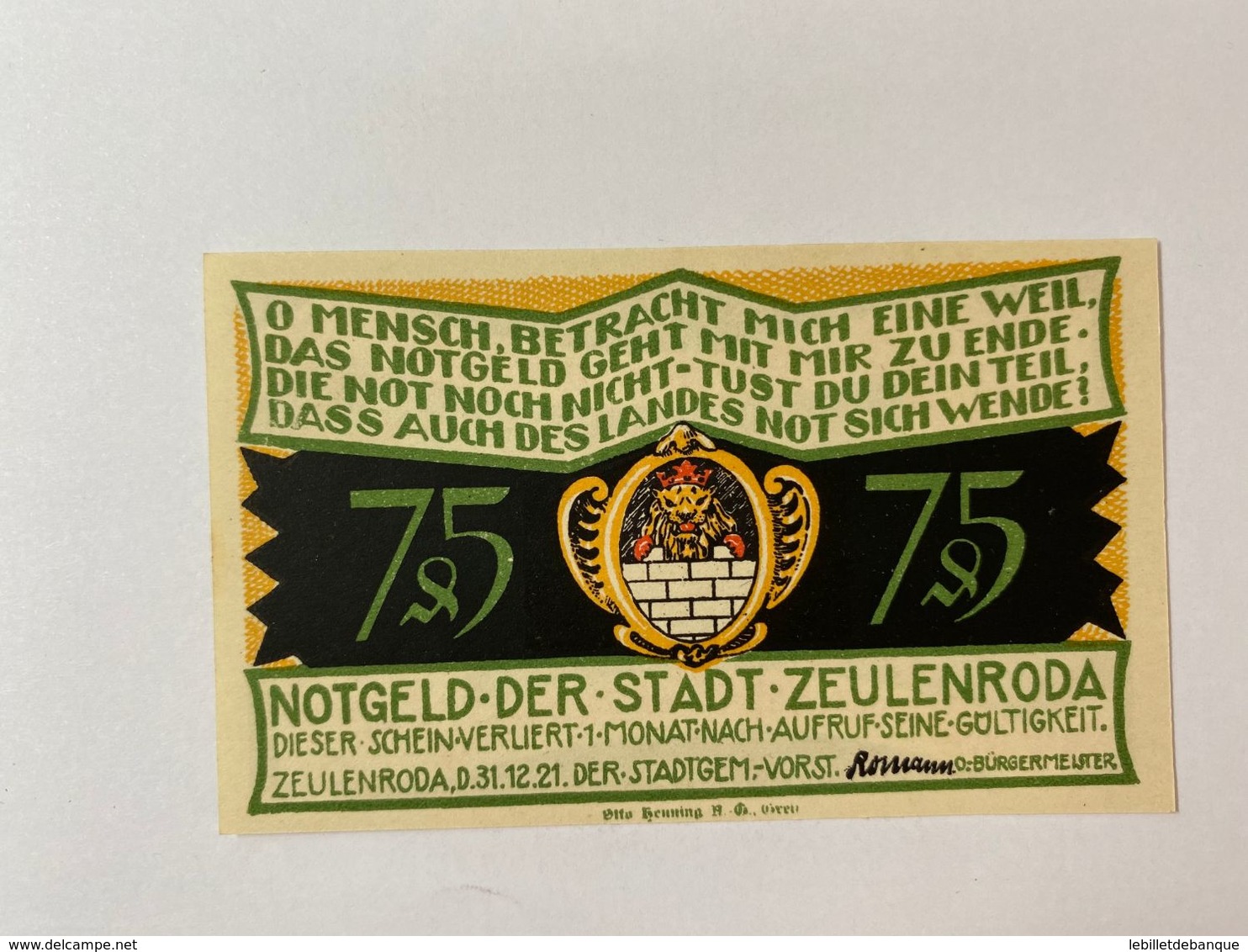 Allememagne Notgeld Zeulenroda 75 Pfennig - Collections