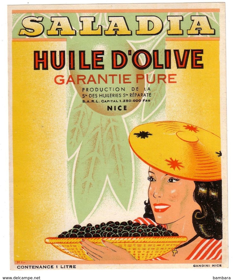 NICE - Etiquette Huile D'Olive SALADIA - Huileries  Ste Reparate. - Sonstige & Ohne Zuordnung