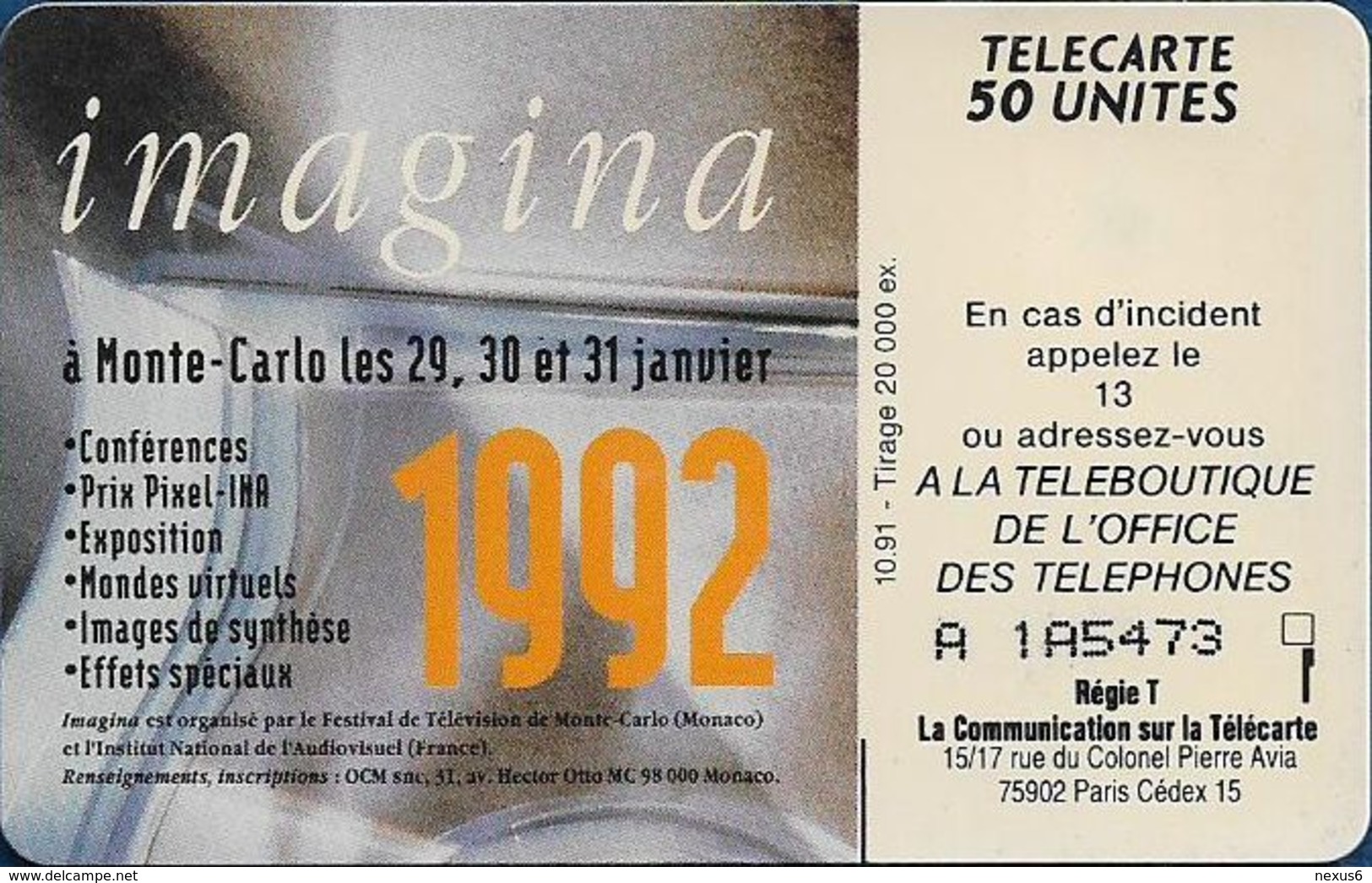 Monaco - MF19 - Imagina 1992 - Cn. A 1A5473, 10.1991, 50Units, 20.000ex, Used - Monaco