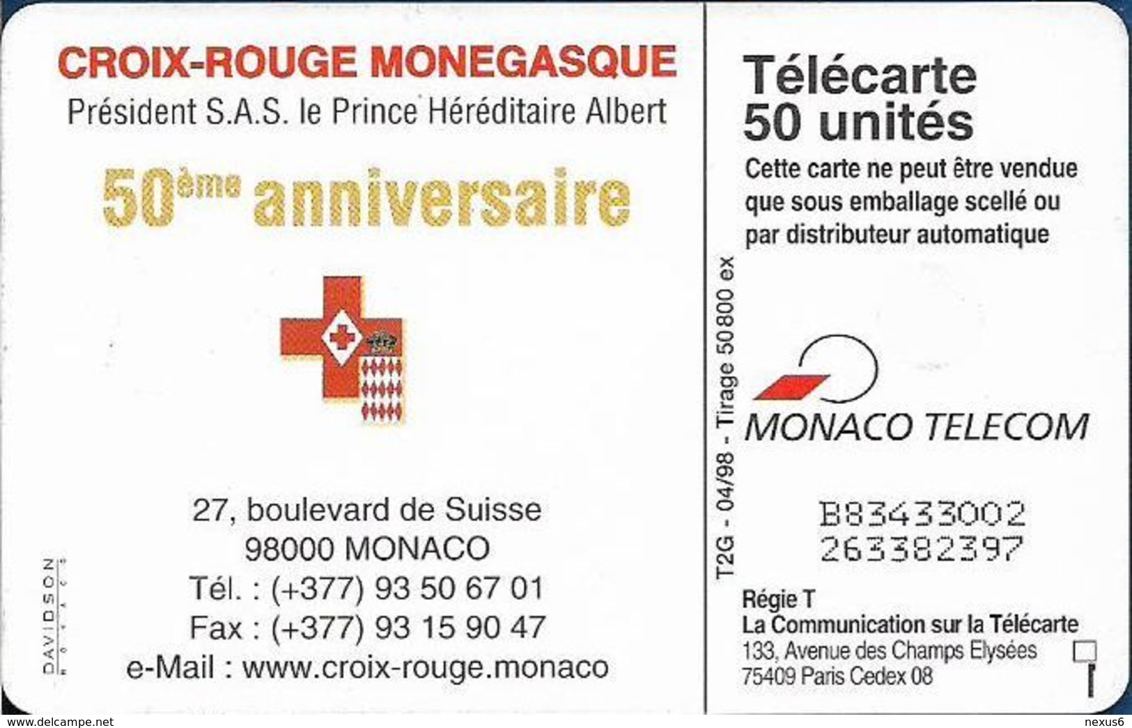 Monaco - MF48 (002) - Croix-Rouge Monegasque - Cn. Bxxxxx002, 04.1998, 50Units, 50.800ex, Used - Monaco