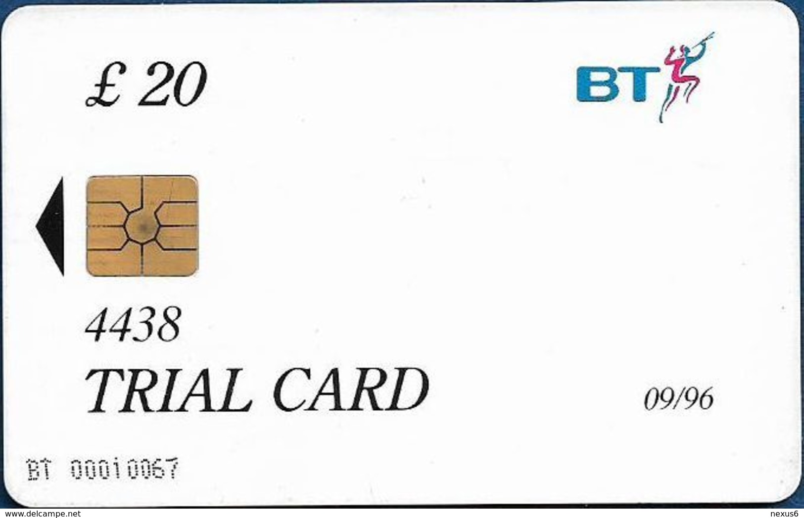 UK - BT - BCF - Rose Trial Card 20£, TRL016a (With Date, Written 4438, Big Gemplus), 09.1996, 2.000ex, Used - BT Test & Trials