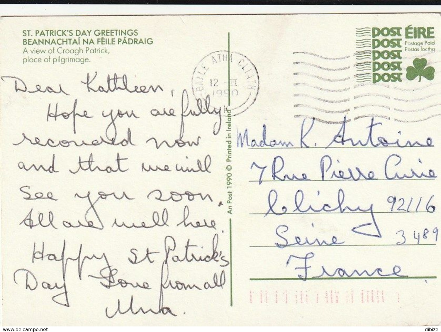 Post Card. Eire. St.Patrick's Day Greetings. View Of Croagh Patrick. Place Of Pilgrimage. Postage Paid. Circulated 1990 - Saint-Patrick