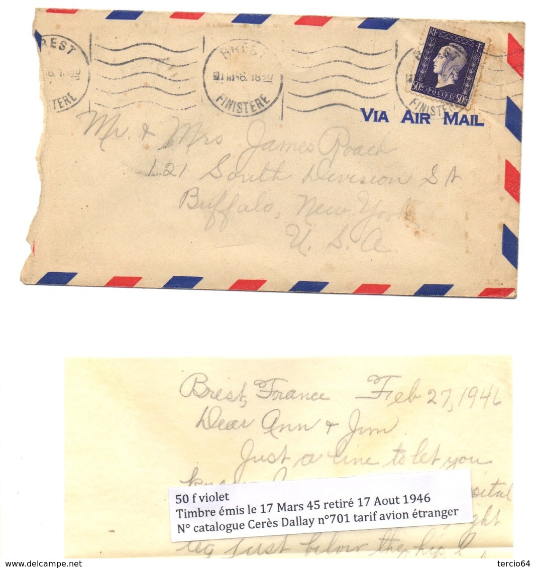 No 701 Seul Sur Lettre De BREST 1946 à Destination De BUFFALO USA - 1944-45 Marianne (Dulac)