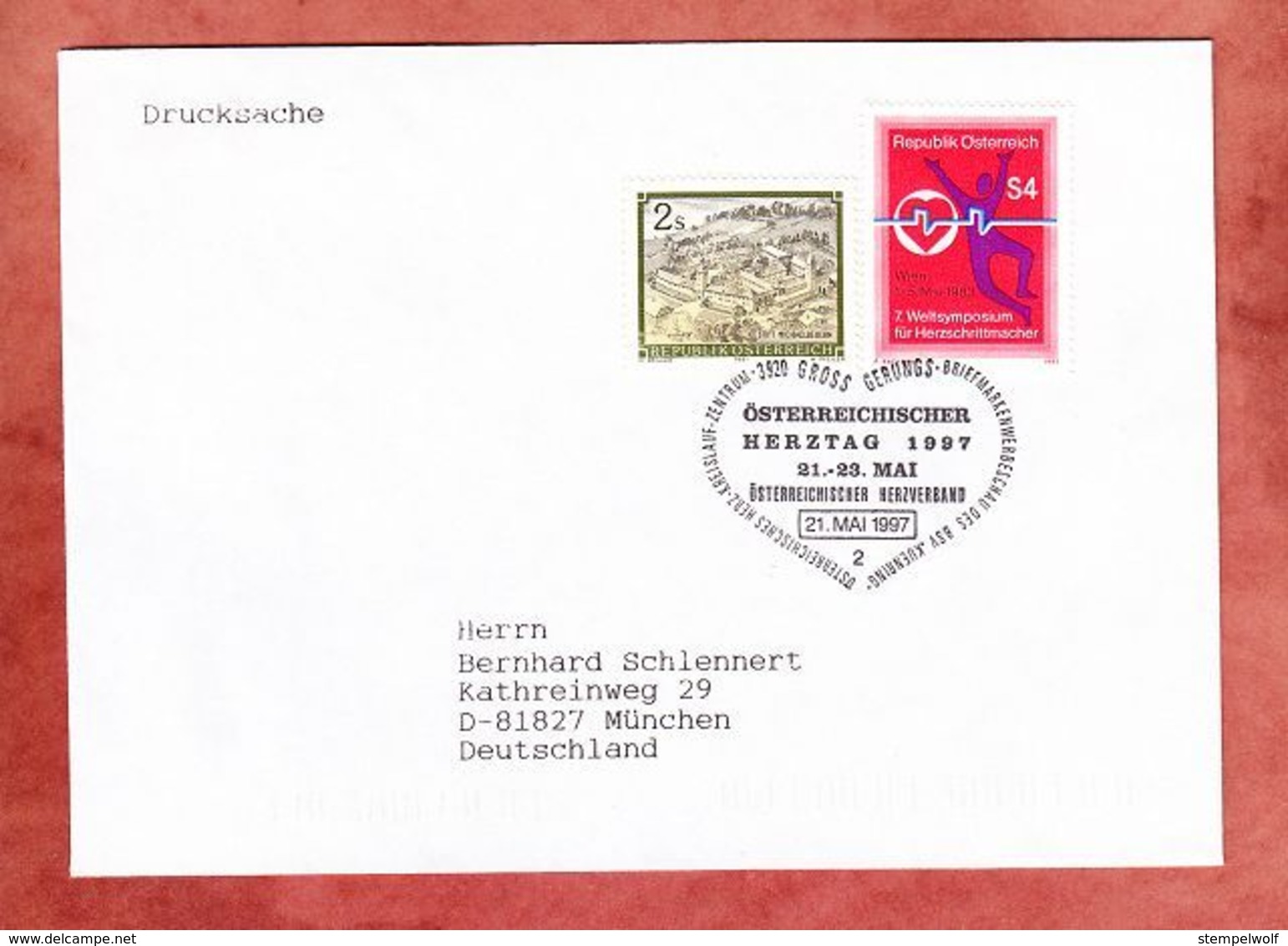 Drucksache, Weltsymposium Herzschrittmacher U.a., SoSt Gross Gerungs Herztag, Nach Muenchen 1997 (95745) - Storia Postale