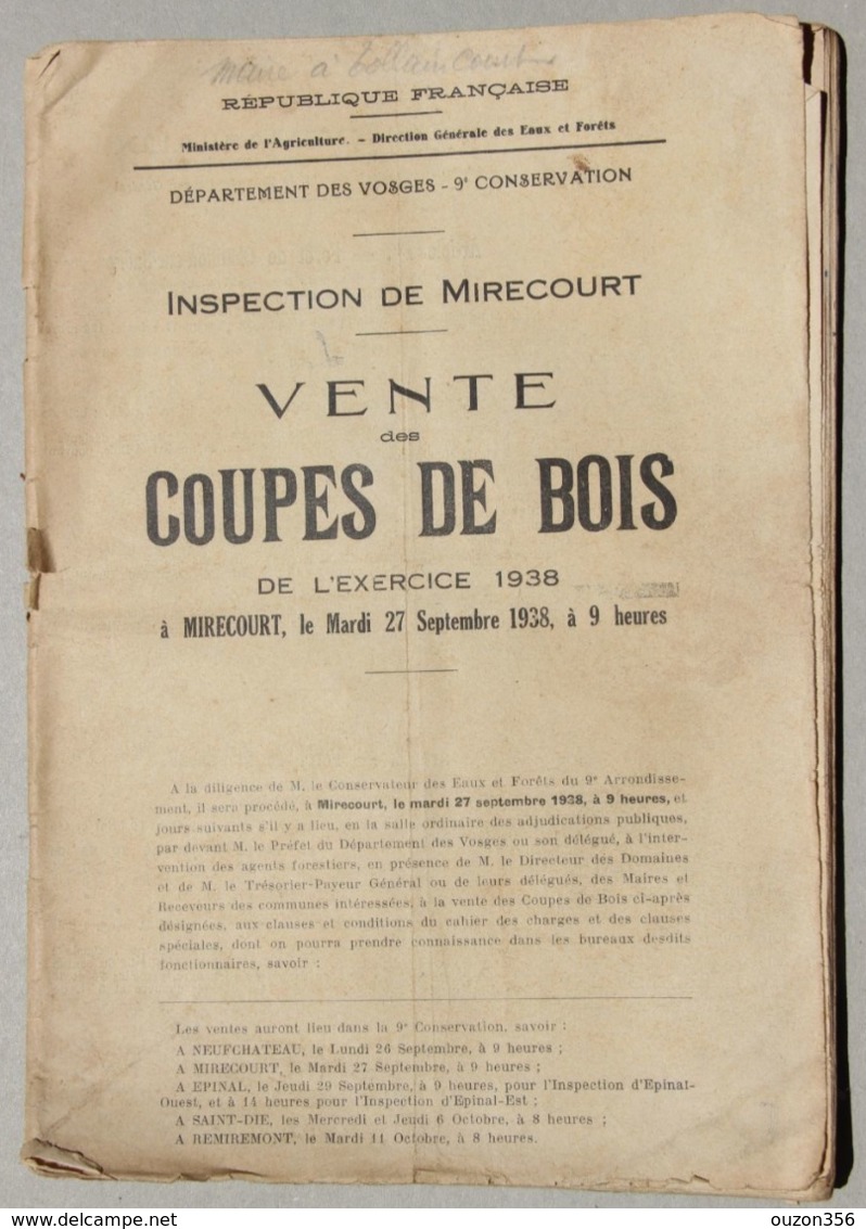 Inspection De Mirecourt (Vosges), Vente Coupes De Bois 1938 - Sammlungen