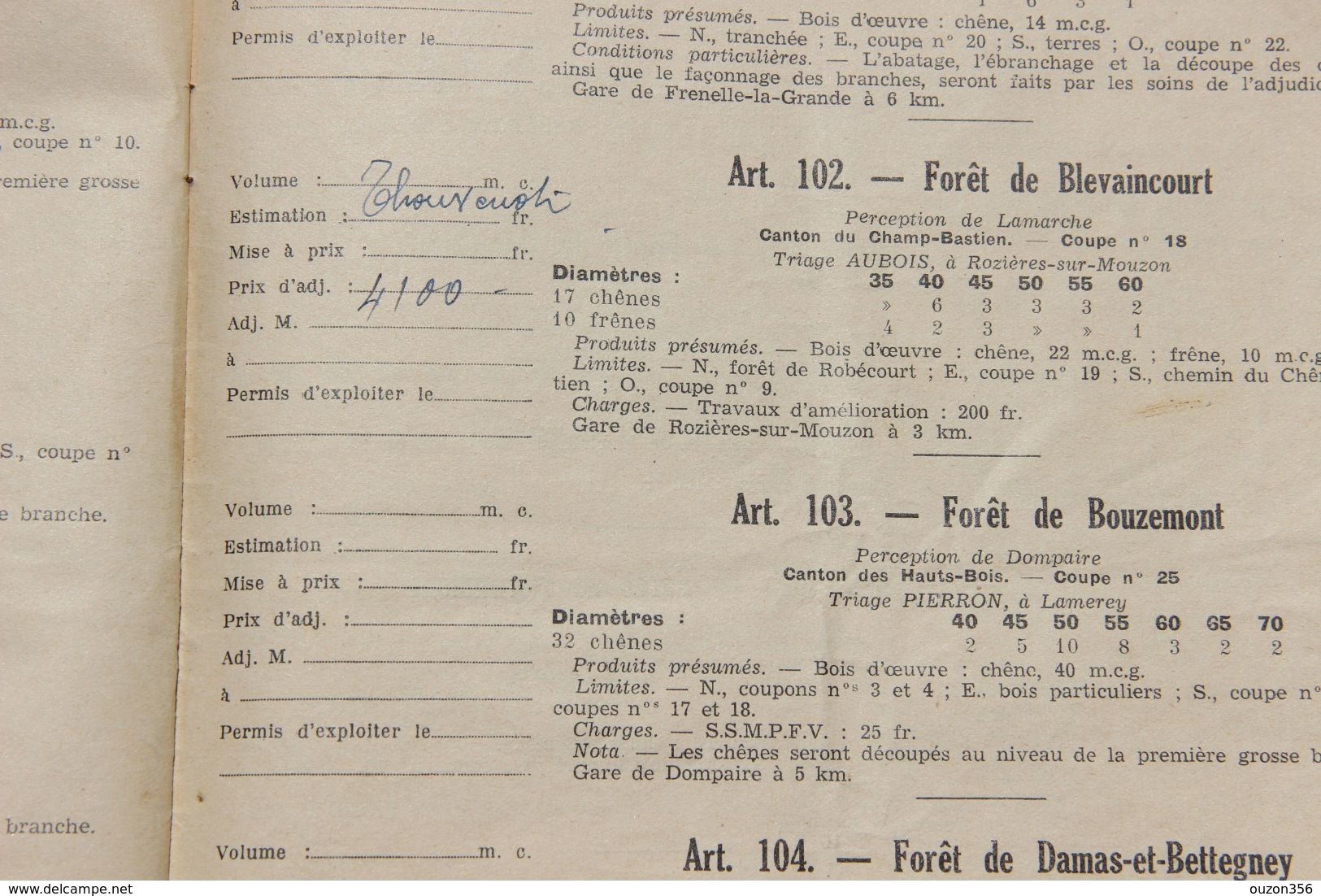 Inspection De Mirecourt (Vosges), Vente Coupes De Bois 1938 - Sammlungen