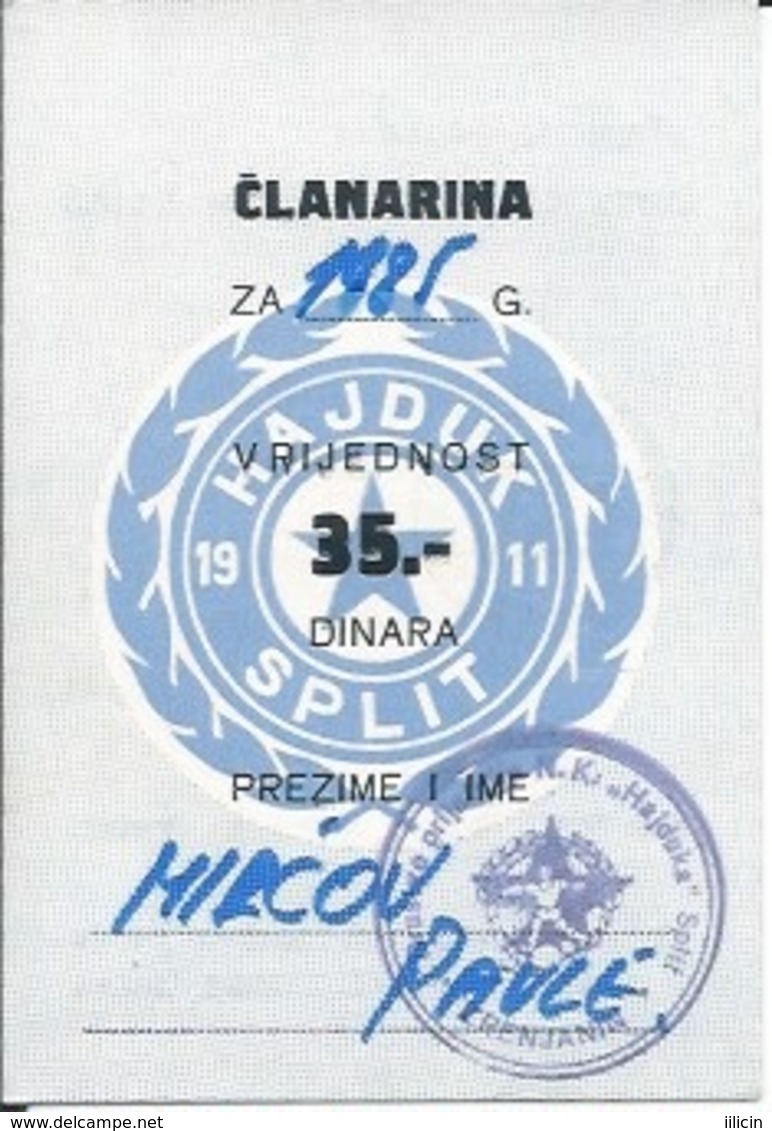 Membership Card DO000215 - Football (Soccer Calcio) Croatia Hrvatska Hajduk Split 1985 - Historical Documents