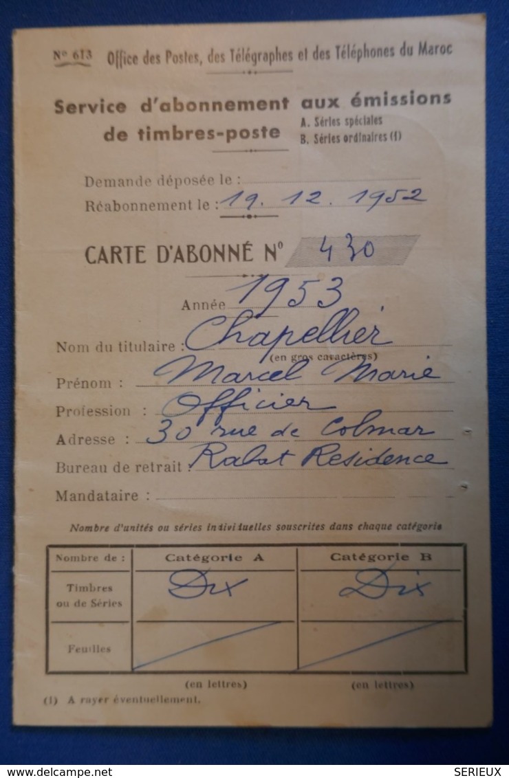 D13 CURIOSITé MAROC CARTE ABONNé AUX TIMBRES 1952 AFFRANCH. PLAISANT - Sonstige & Ohne Zuordnung