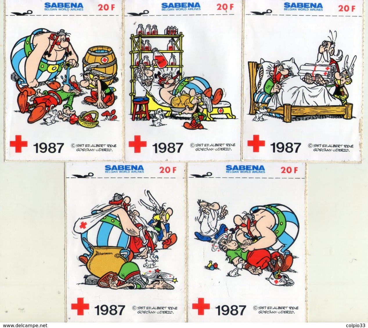 AUTOCOLLANT .  STICKER .  1987 . LOT DE CINQ . ASTERIX - OBELIX . GOSCINNY UDERZO . CROIX ROUGE . SABENA - Stickers