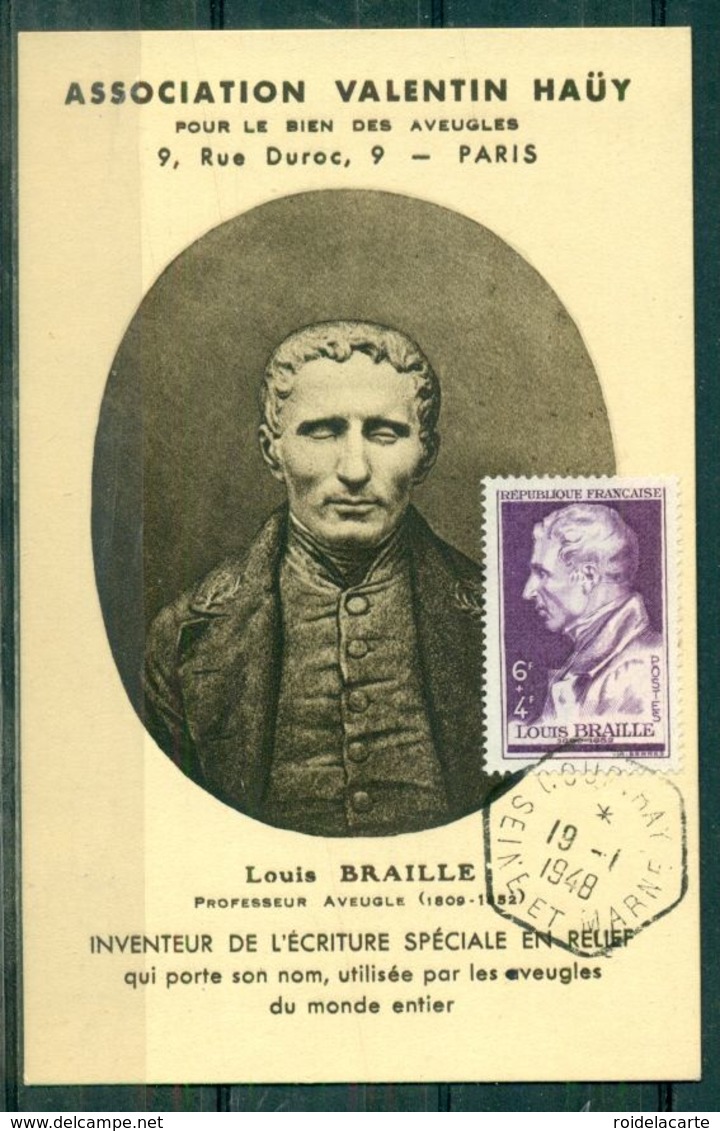 CM-Carte Maximum Card # 1948-France (Yvert.N° 793 )Louis Braille ,Inventeur écriture P. Aveugles (blind Writing)Coupvray - 1940-1949