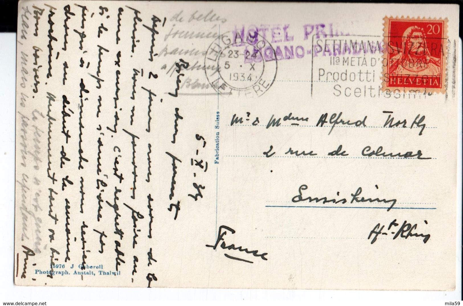 Lugano. Paradiso. Vom S. Salvatore Aus. De Aimé à M. Et Mme Alfred North à Ensisheim. 1934. J. Gaberell Photo Anstalt - Paradiso