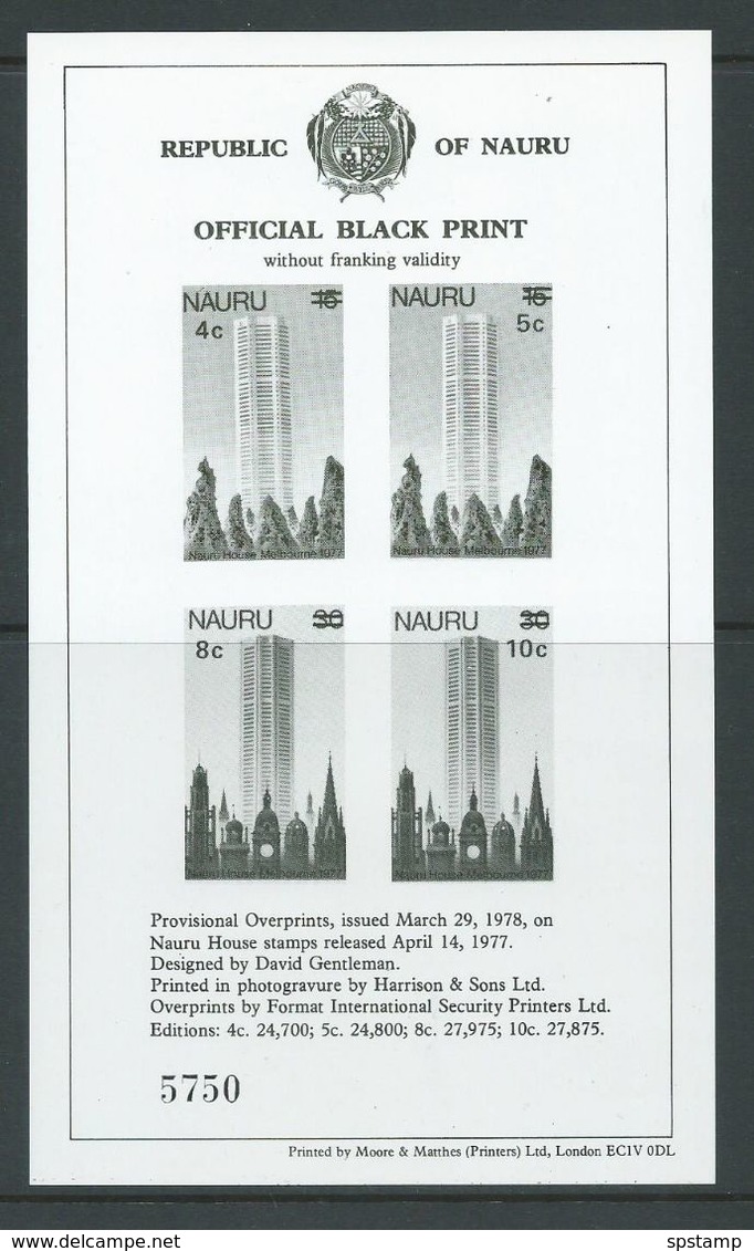 Nauru 1978 Provisional Surcharge Set Of 4 Black Print Imperforate Sheet MNH - Nauru