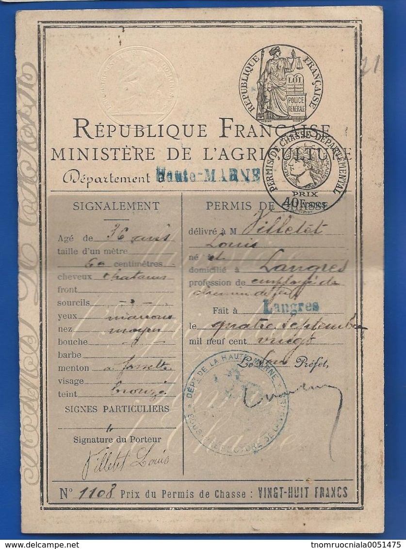 Permis De Chasse   Année 1920 - Non Classés